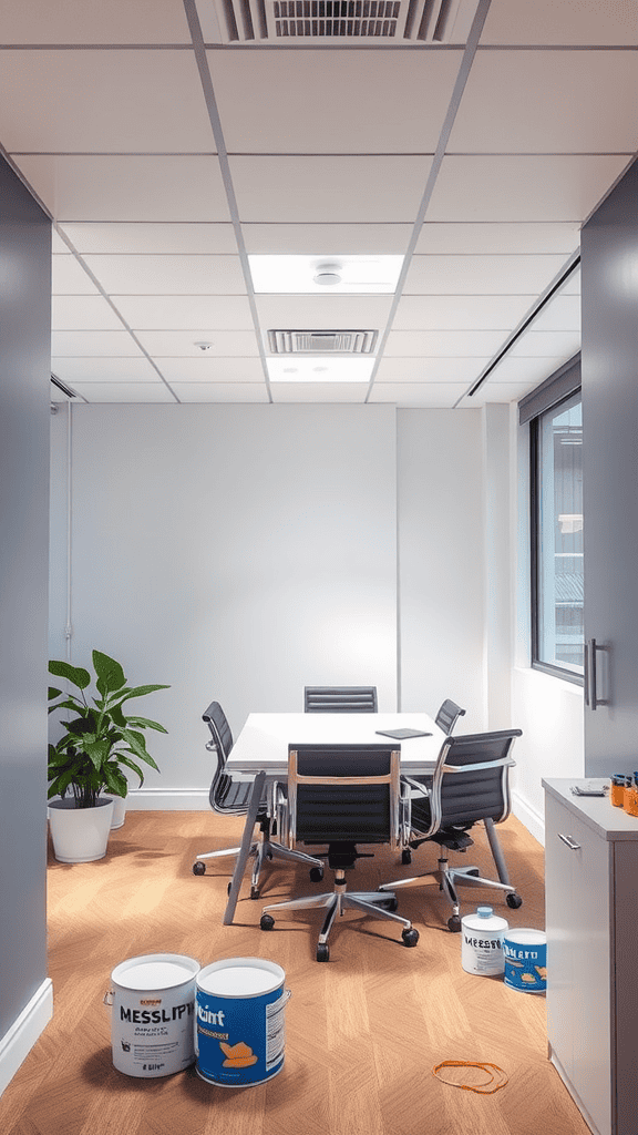 An office space with a table, chairs, and paint supplies in the foreground.