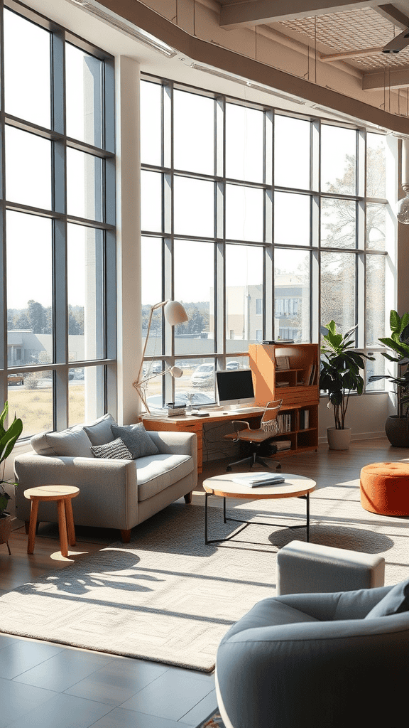 A bright and airy living space with large windows, comfortable seating, and plants, showcasing the use of natural light.