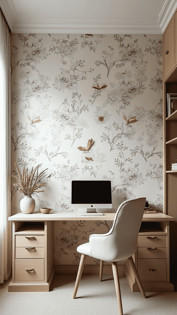 A cozy workspace featuring a stylish desk, modern chair, and removable floral wallpaper.