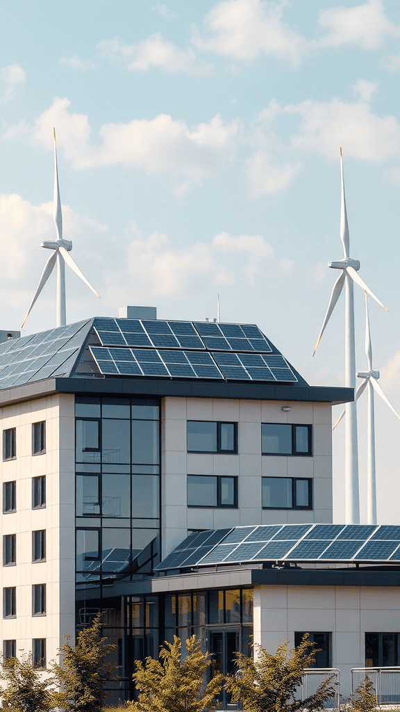 A modern building featuring solar panels on the roof, with wind turbines in the background.