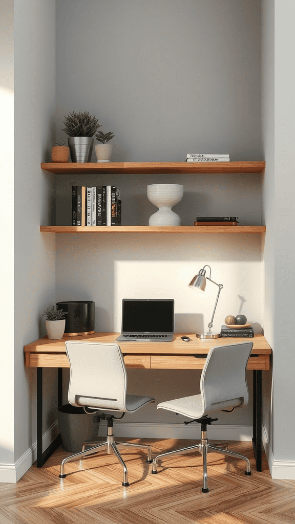 A modern workspace with a wooden desk, plants, a laptop, and shelves above holding books and decorative items.