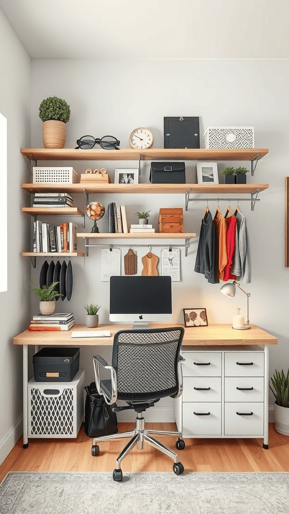 A stylish home office with vertical storage shelves filled with books, plants, and decorative items, alongside a neat desk with a computer and storage drawers.