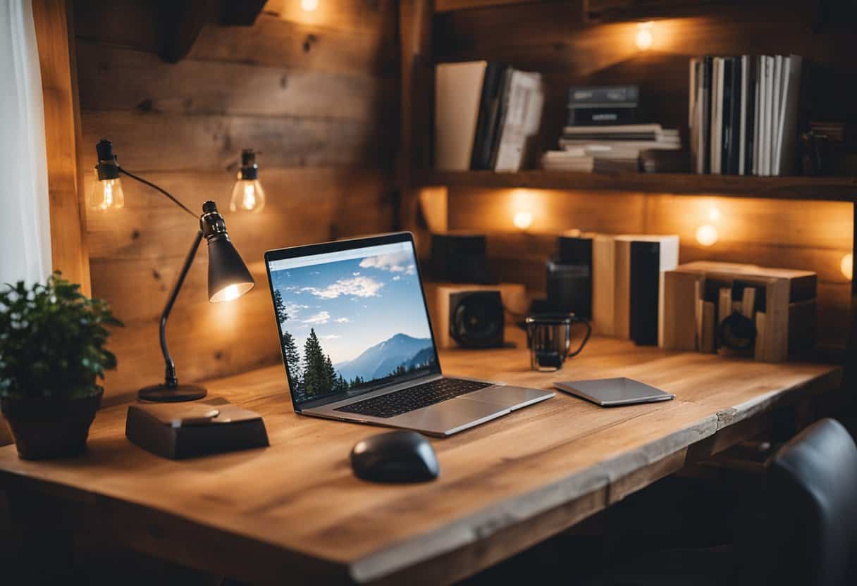 A distressed maple desk sits in a cozy home office, surrounded by rustic decor and warm lighting