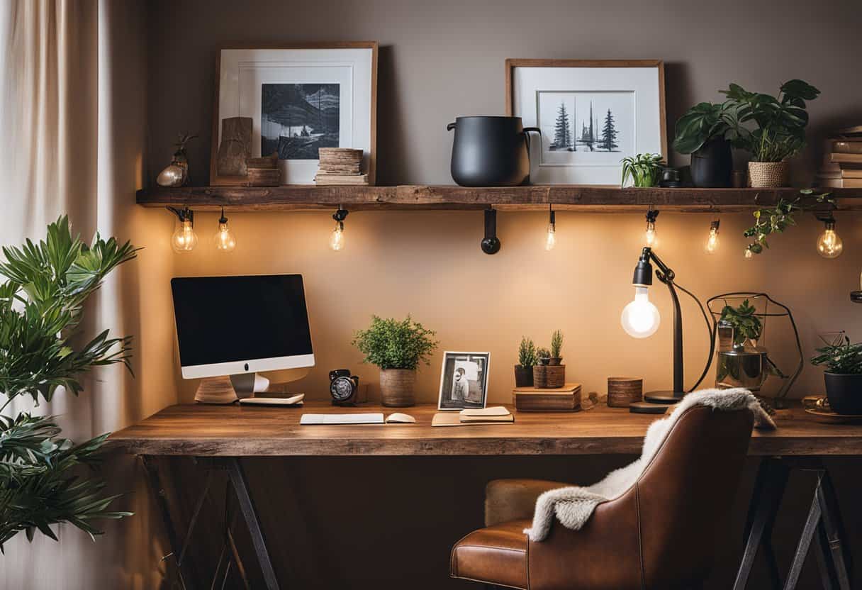 A cozy home office with barnwood floating shelves, vintage desk, leather chair, and warm lighting