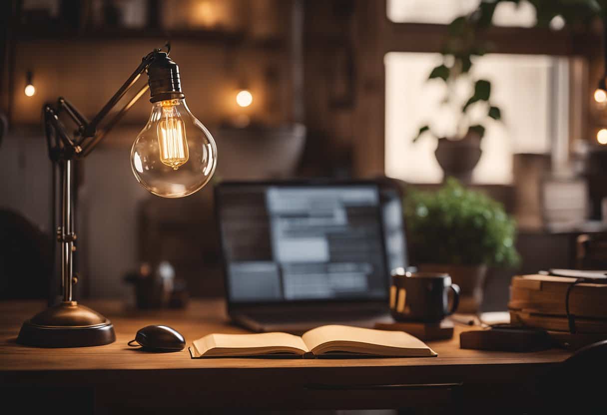 A cozy home office with a vintage Edison bulb lamp illuminating a rustic desk and chair. Warm, ambient lighting creates a nostalgic and inviting atmosphere