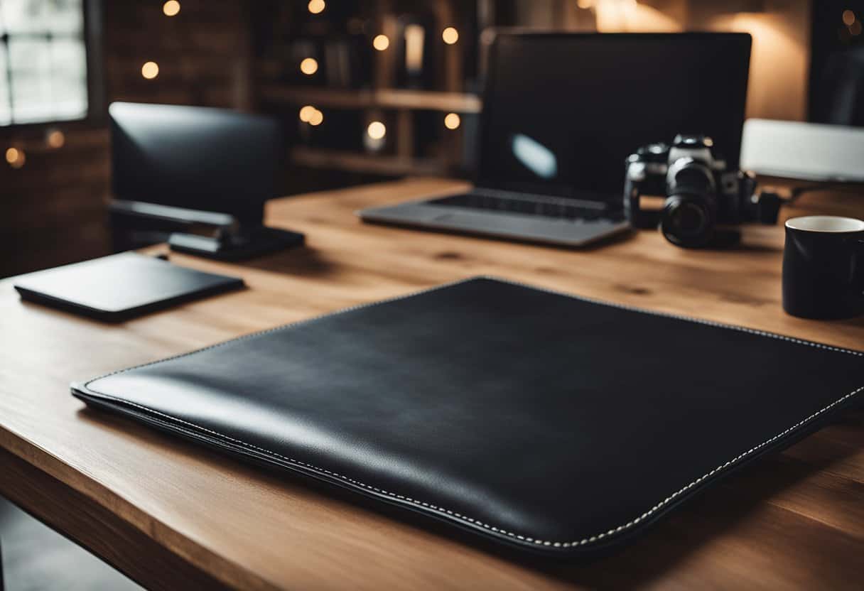 A leather desk pad sits on a wooden desk surrounded by rustic home office decor and accessories