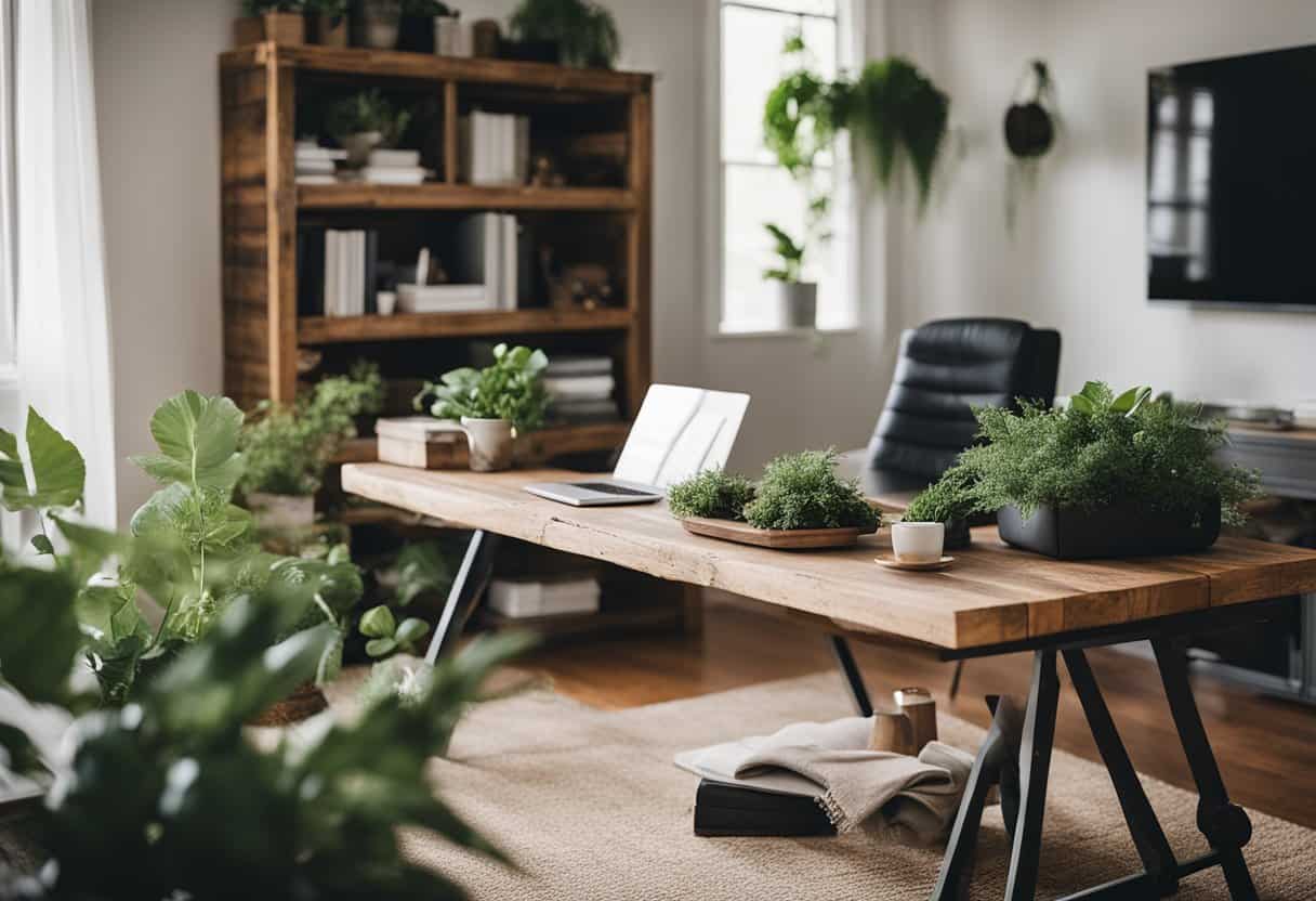 A cozy home office with a reclaimed wood coffee table, surrounded by rustic decor and greenery