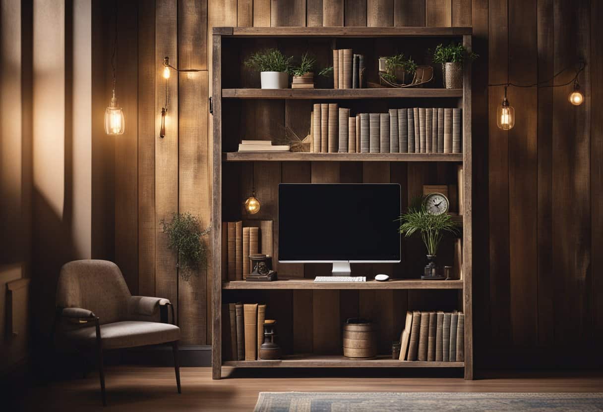 A rustic bookcase with metal accents stands against a weathered wood wall in a cozy home office, surrounded by vintage decor and warm lighting