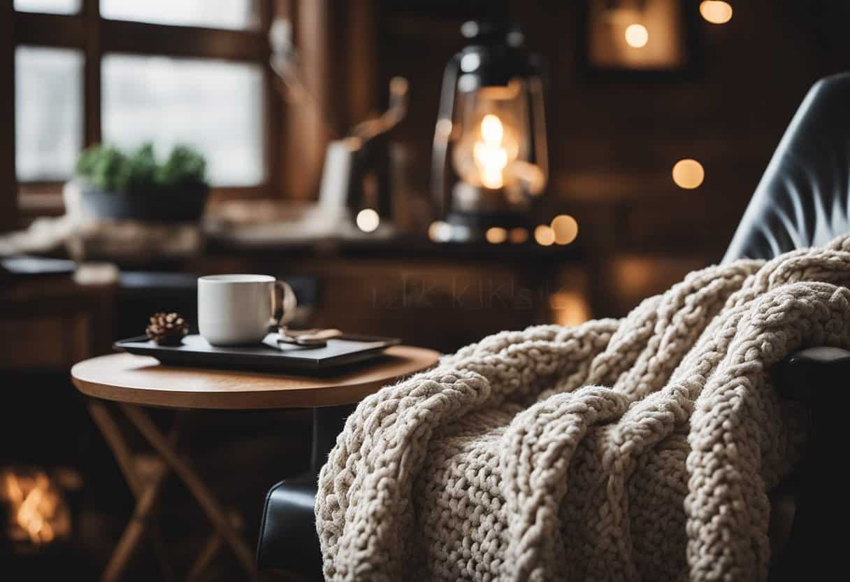 A cozy rustic home office with a chunky knit throw blanket draped over a chair, warm and inviting