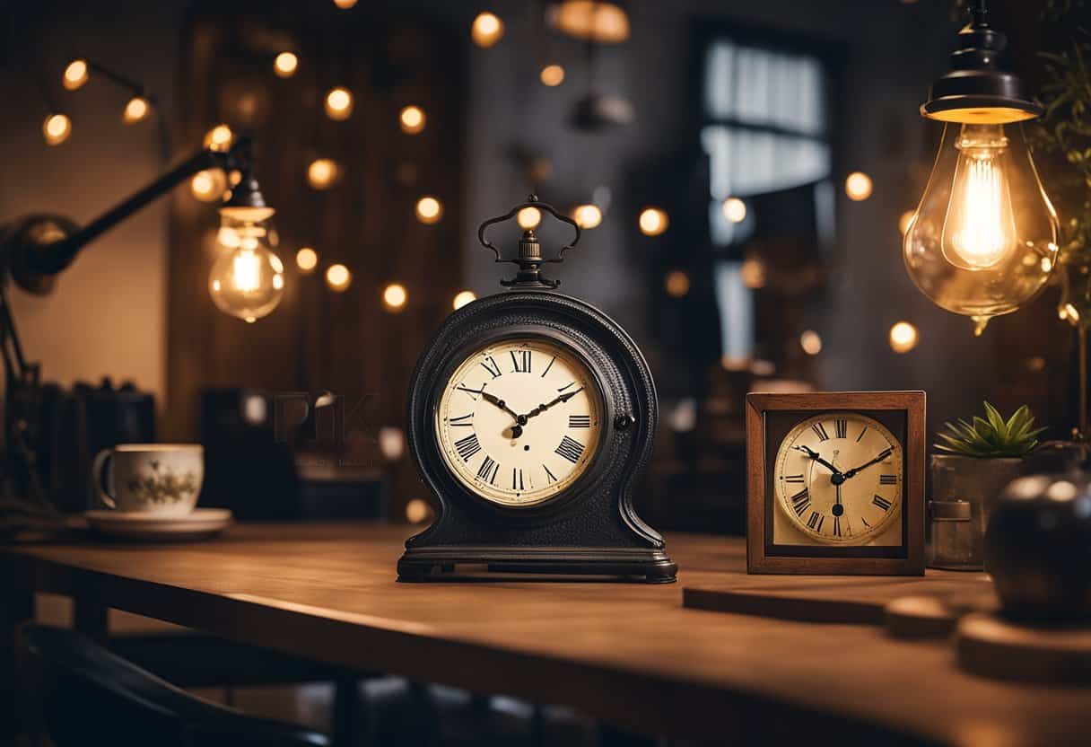 A cast iron wall clock hangs above a rustic home office desk, surrounded by vintage decor and warm lighting