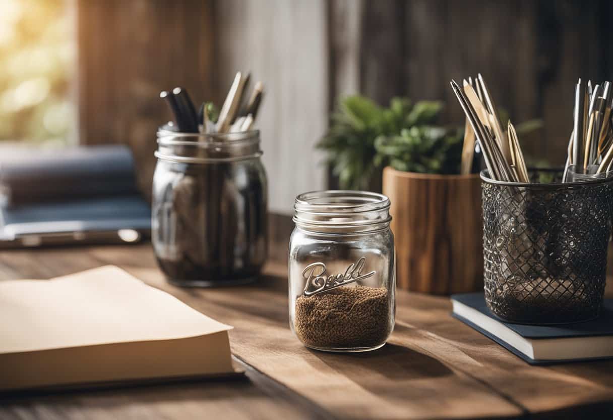 A wooden desk with a mason jar pen holder surrounded by rustic office decor and natural lighting