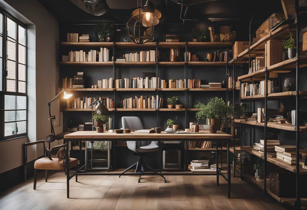 A rustic home office with industrial pipe shelving filled with books and decor, illuminated by warm natural light