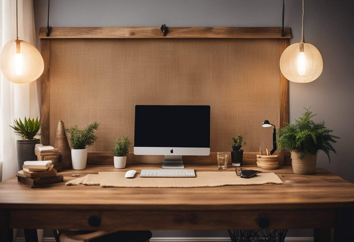 A burlap bulletin board adorned with rustic decor, hanging in a cozy home office with warm lighting and natural wood furniture