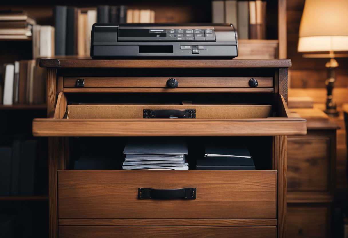 An antique oak filing cabinet sits in a cozy rustic home office, surrounded by warm wood tones and vintage decor