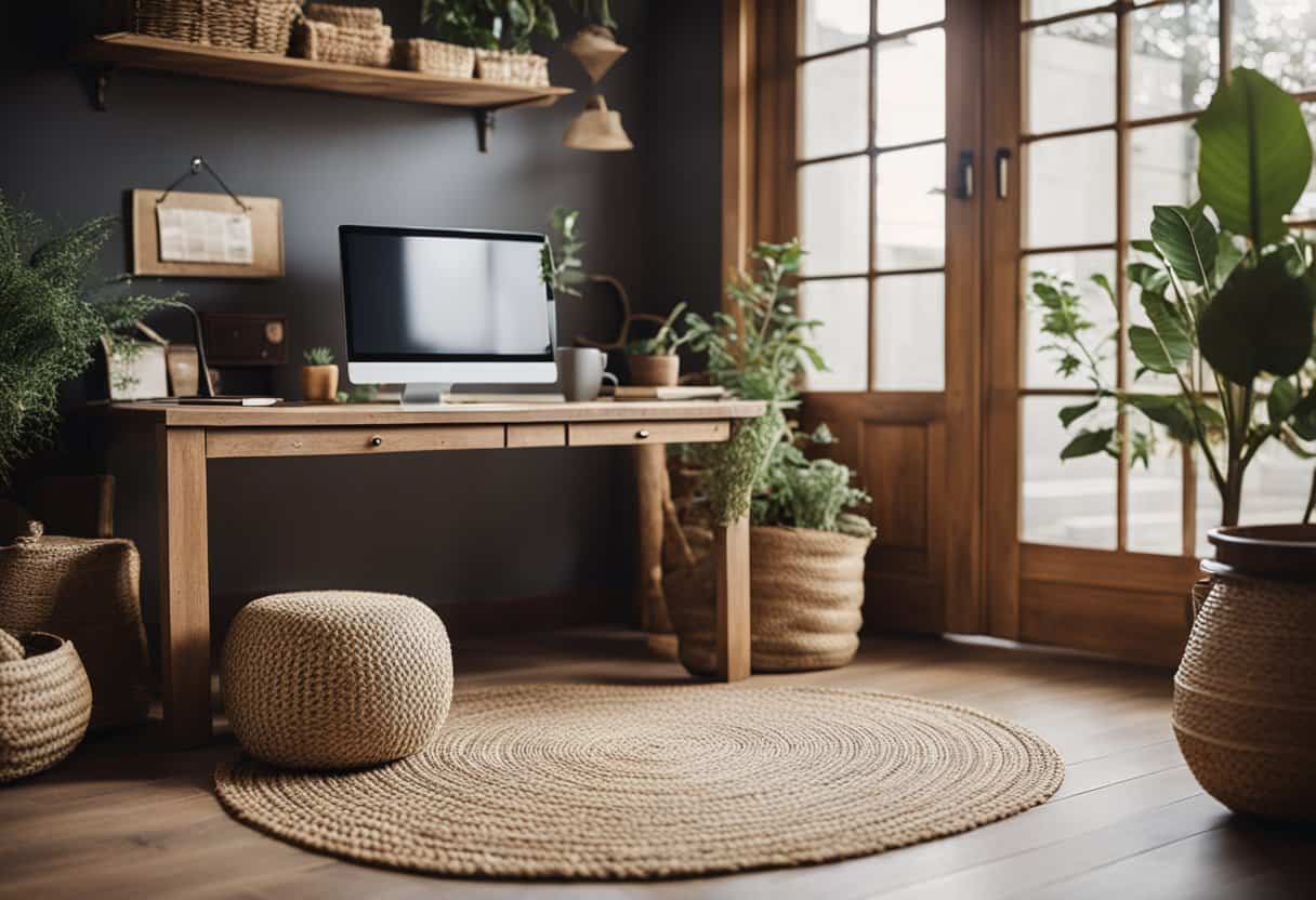 A cozy rustic home office with a woven jute rug, natural wood desk, vintage decor, and plenty of natural light