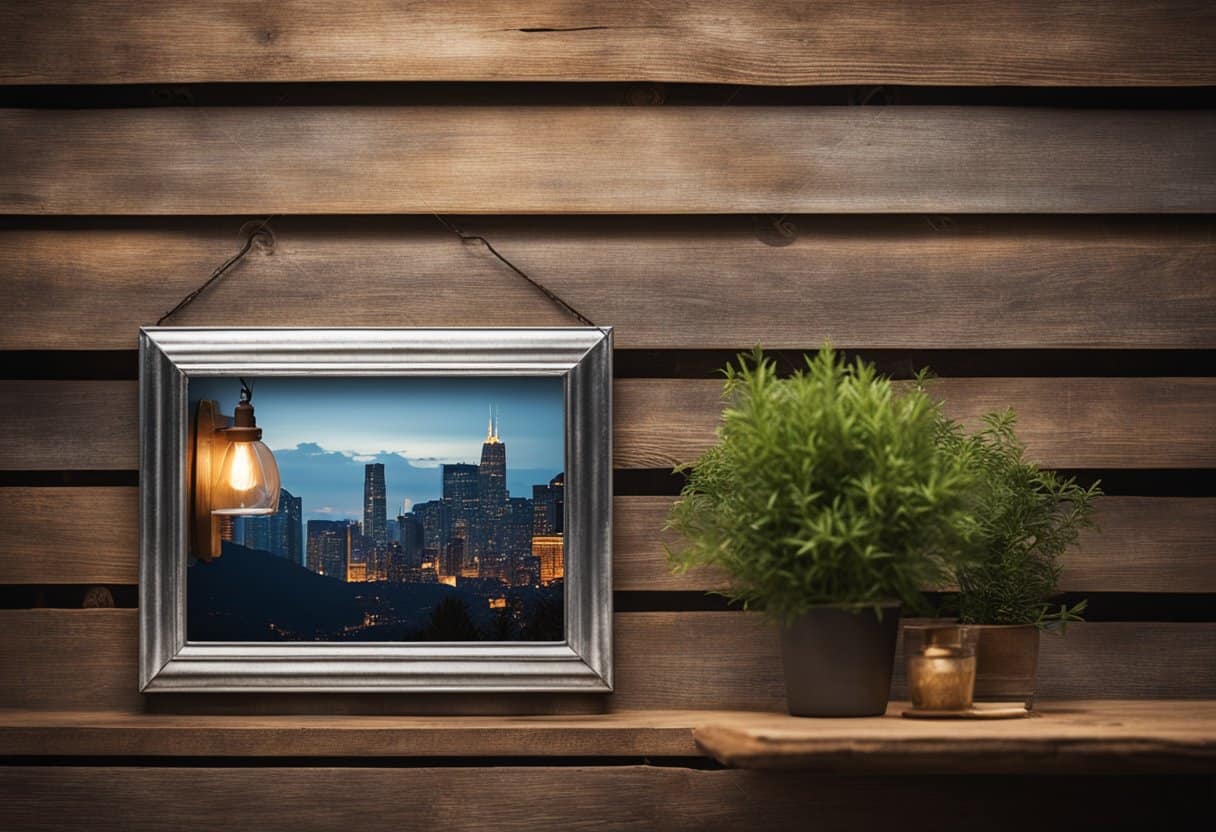 A galvanized steel picture frame hangs on a weathered wooden wall in a rustic home office with warm lighting and vintage decor