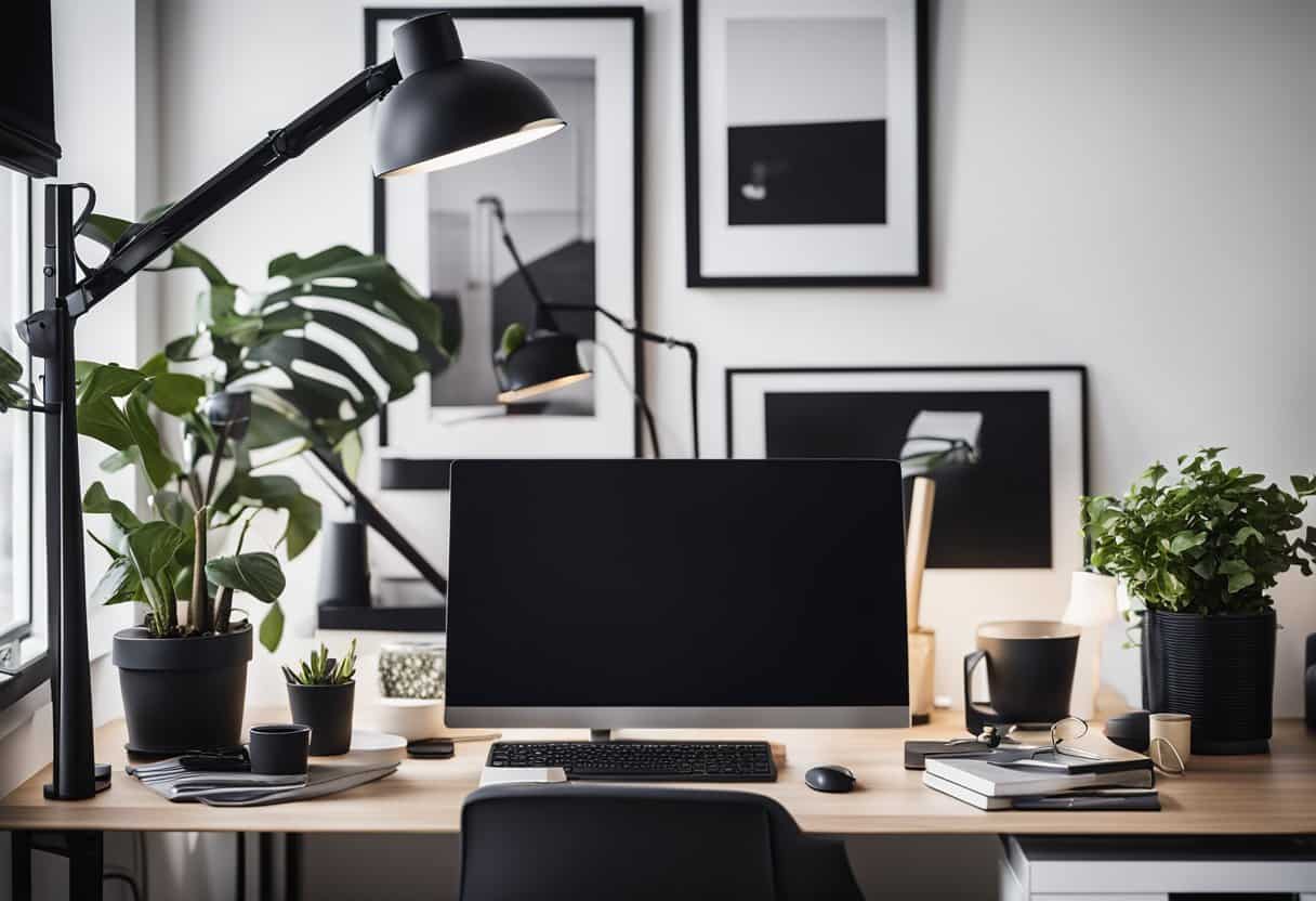 A sleek black MICKE desk from IKEA sits in a tidy home office, surrounded by modern decor and organization essentials