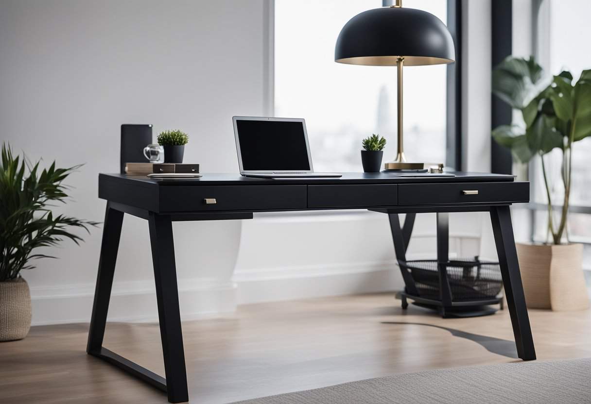 A sleek black writing desk sits in a modern home office, surrounded by minimalist decor and natural light