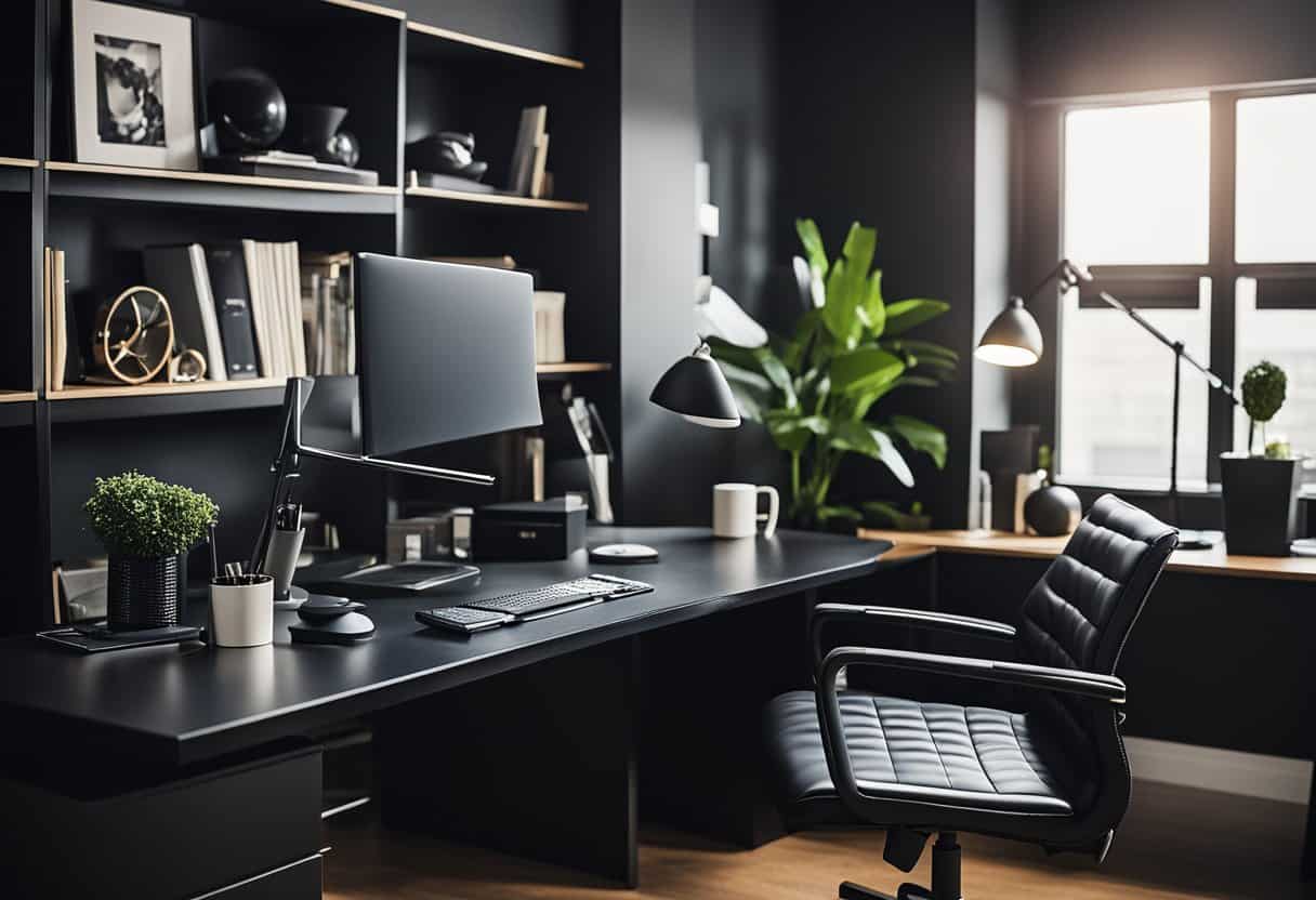 A sleek black L-shaped desk sits in a modern home office, surrounded by various decor and organizational items