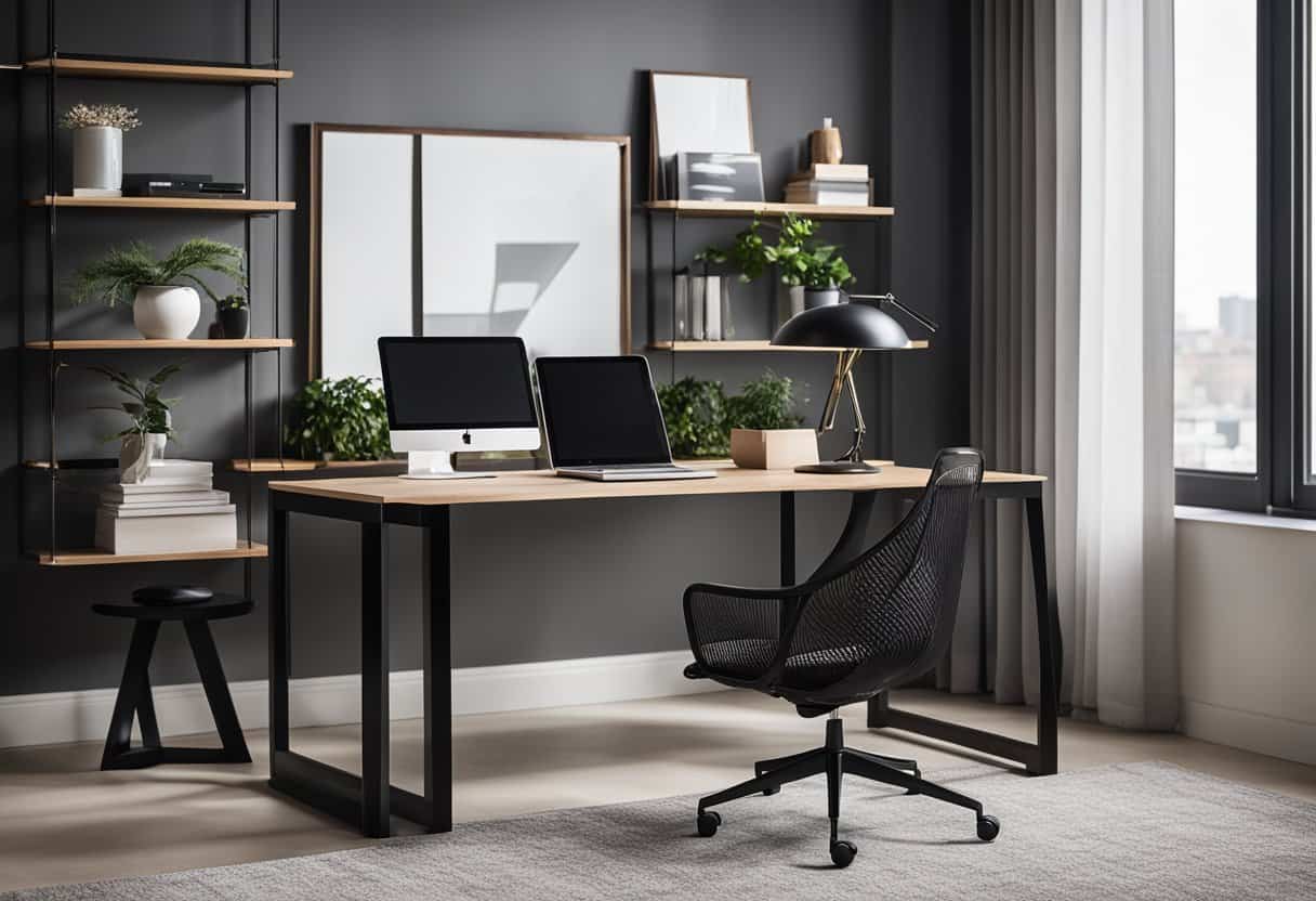 A sleek black corner desk sits in a modern home office, surrounded by minimalist decor and natural light