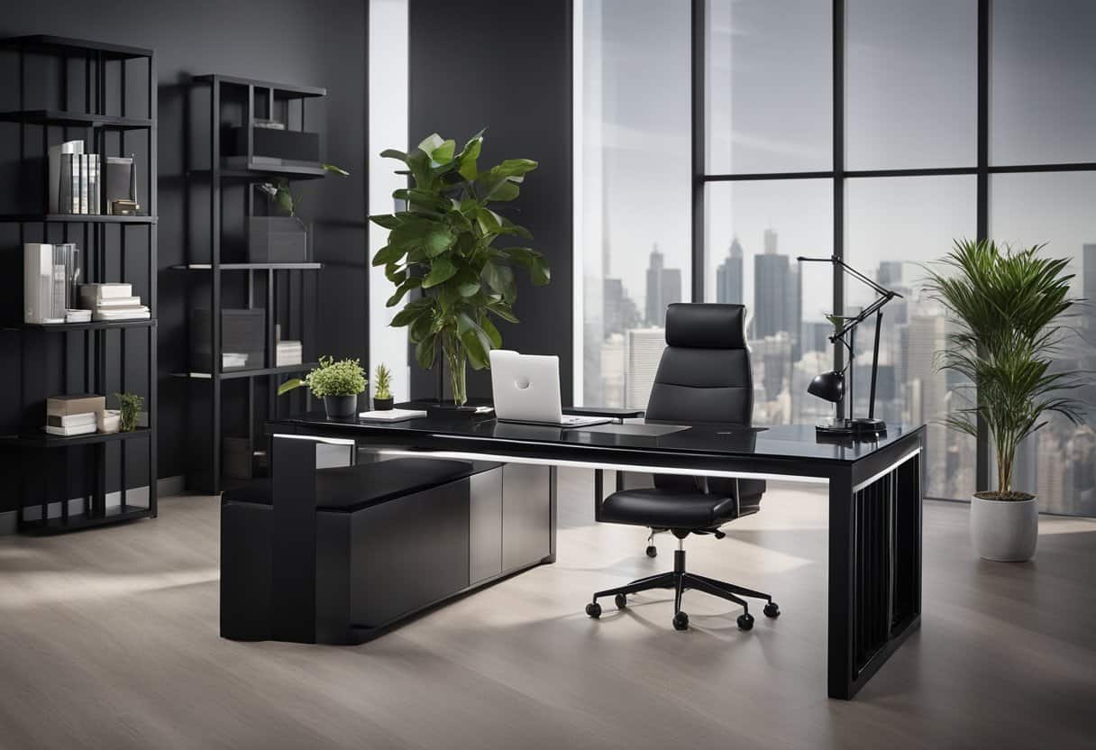 A sleek black L-shaped desk in a modern home office setting with 24 design ideas