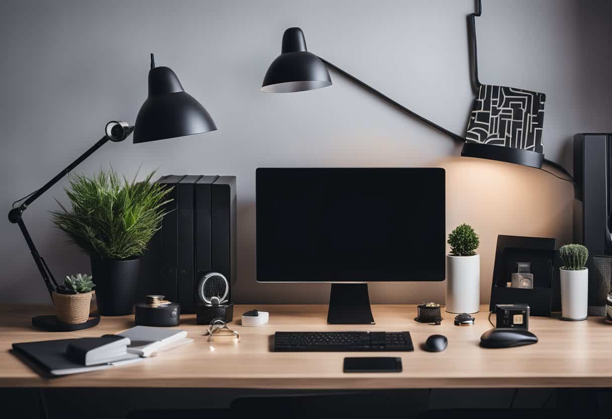 A sleek black computer desk with modern design, surrounded by various home office decor and accessories