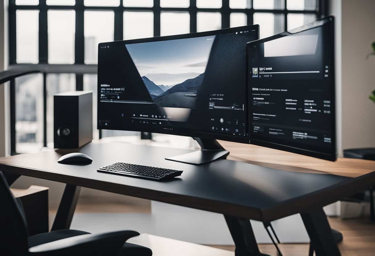 A sleek black computer desk in a modern home office setting with minimalist decor and natural light