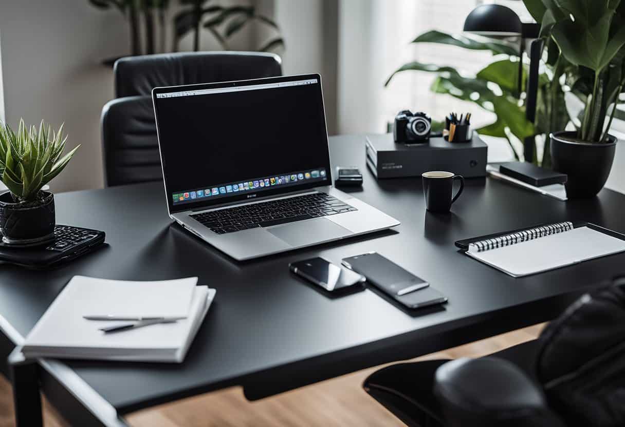 A sleek black Parsons desk sits in a modern home office, surrounded by various decor and office supplies