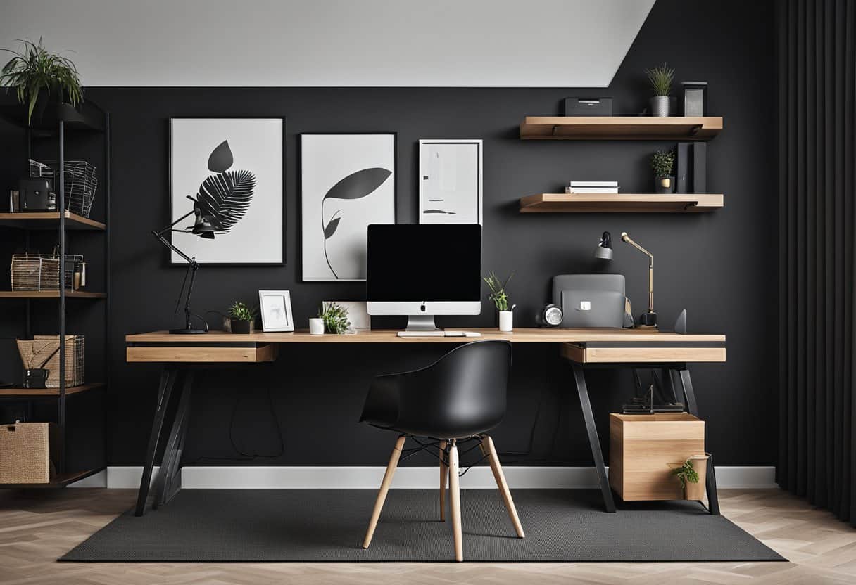 A sleek black wall-mounted desk in a modern home office with minimalistic decor and 24 creative workspaces