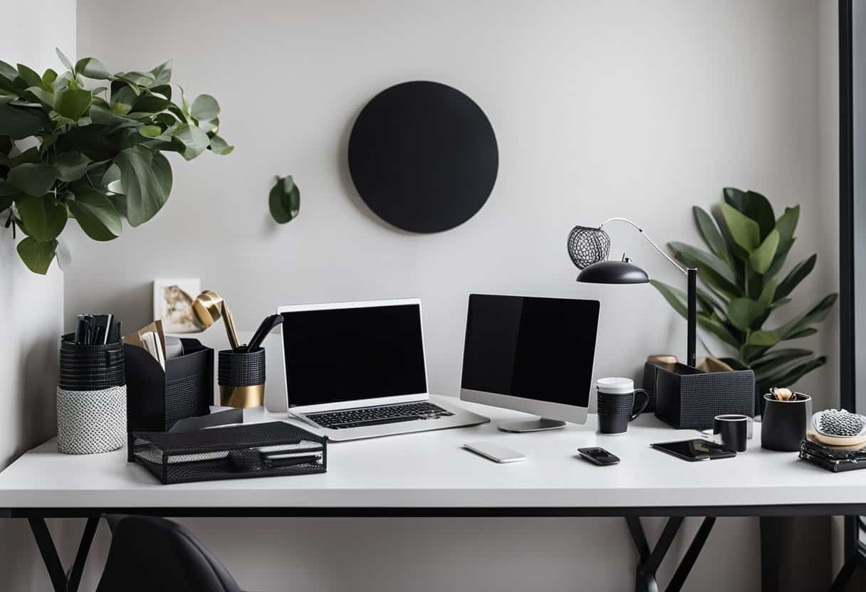 A sleek black corner desk sits in a modern home office, surrounded by stylish decor and organization accessories