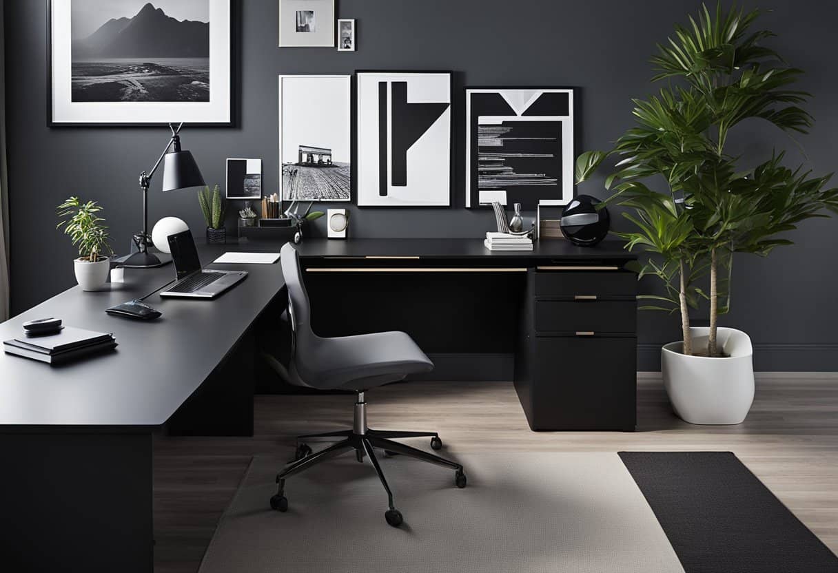 A sleek black L-shaped desk sits in a modern home office, surrounded by stylish decor and 24 different ideas for organizing and personalizing the space