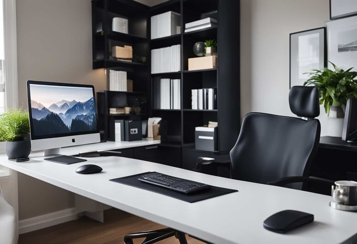 A sleek black L-shaped desk in a modern home office, surrounded by various decor and office supplies