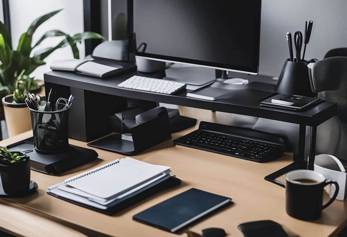 A black Mainstays Student Desk 24 sits in a home office surrounded by various office supplies and decor