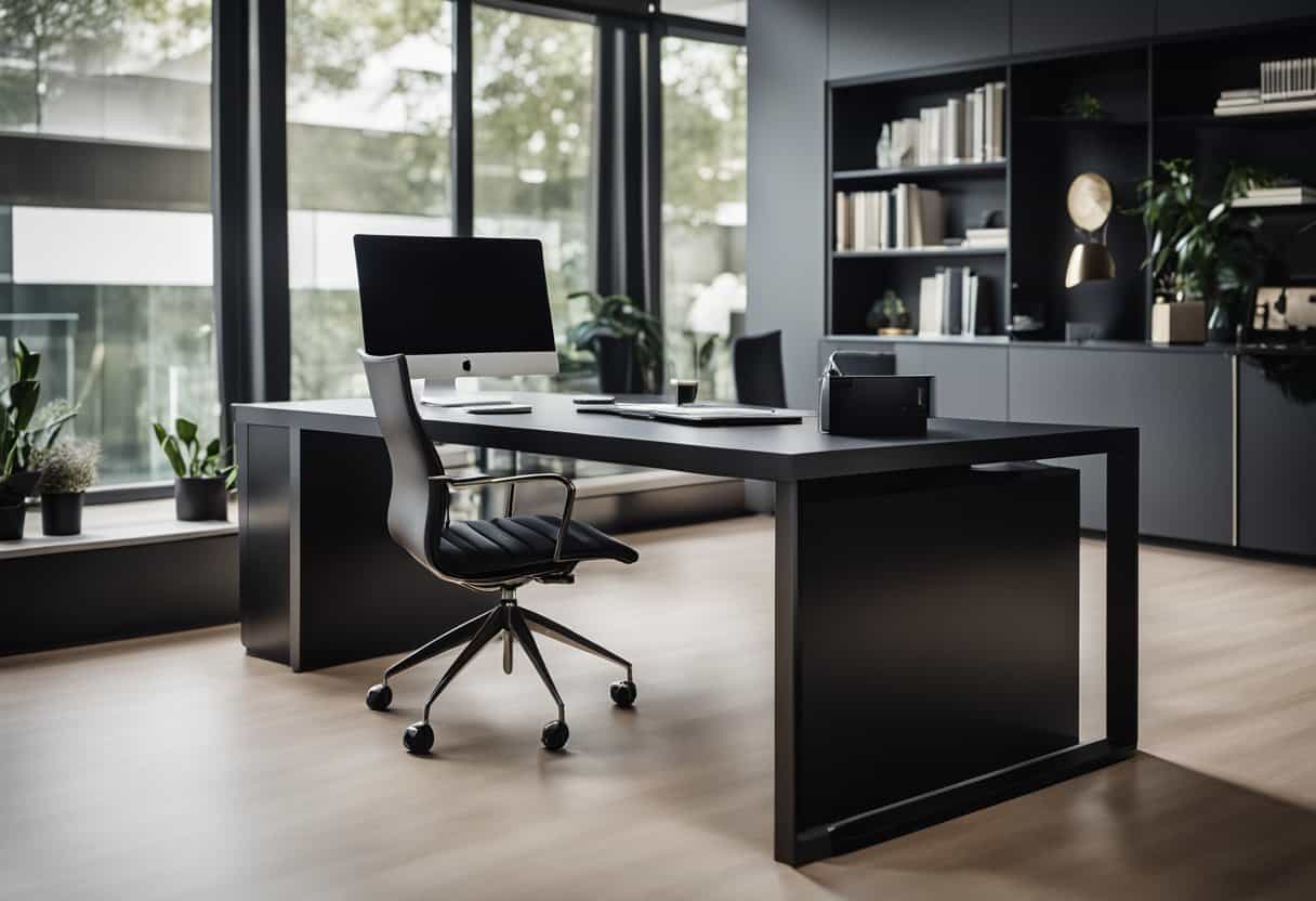 A sleek black desk with clean lines sits in a modern home office, surrounded by minimalist decor and natural light