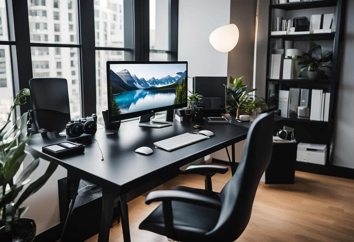 A sleek black desk with a 47-inch width sits in a tidy home office space, surrounded by various office supplies and decor