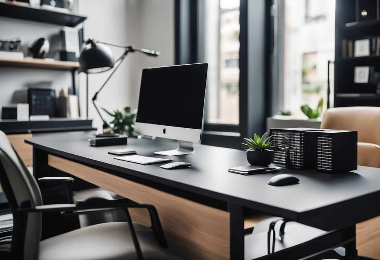 A sleek black industrial desk with clean lines and modern design, surrounded by home office decor and accessories