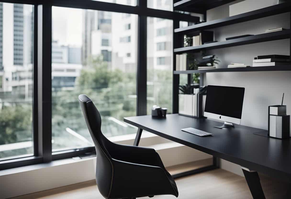 A sleek black computer desk in a modern home office setting with minimalistic decor and natural lighting