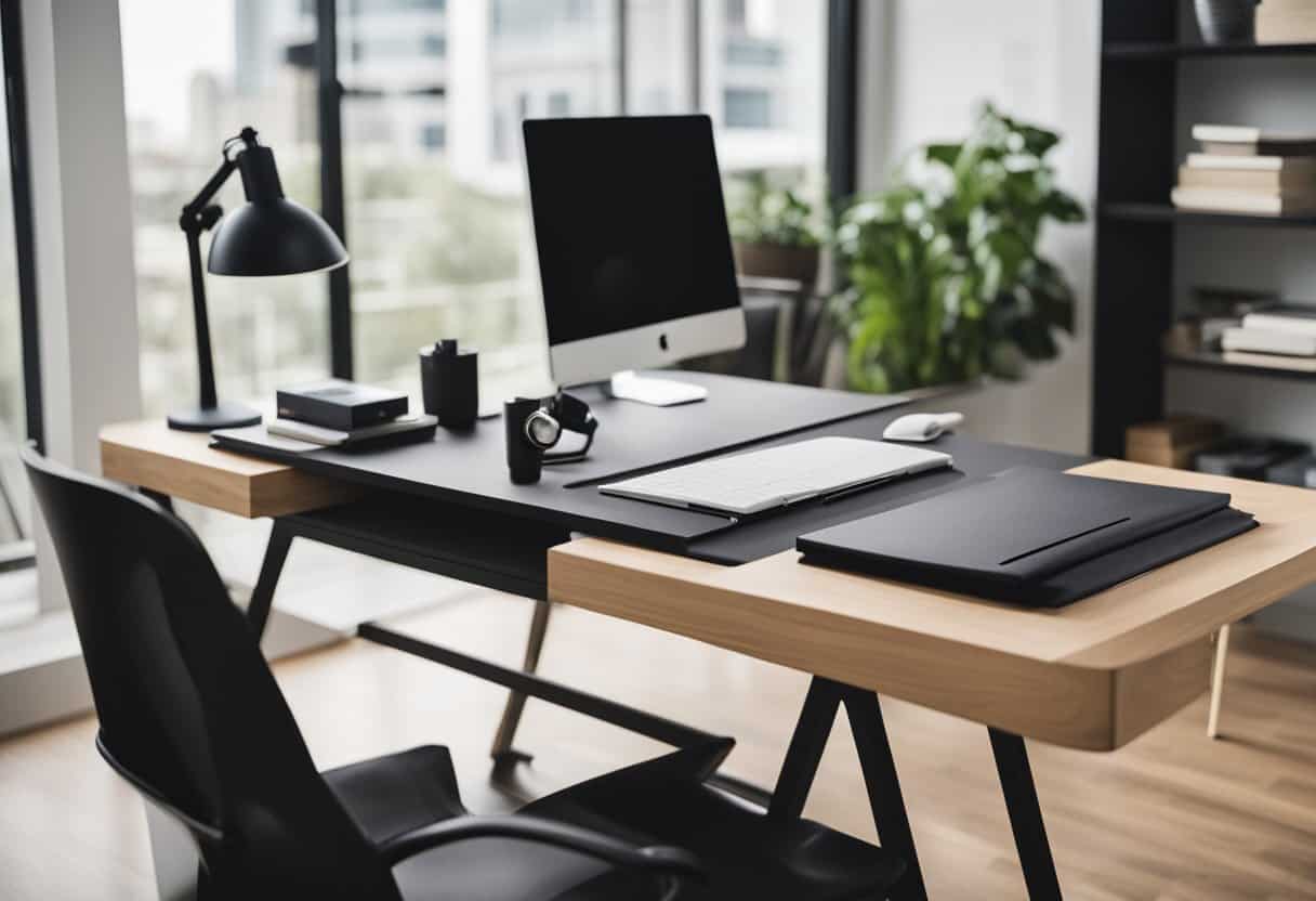 A sleek black Winsome Wood Desk sits in a tidy home office, surrounded by modern decor and plenty of natural light