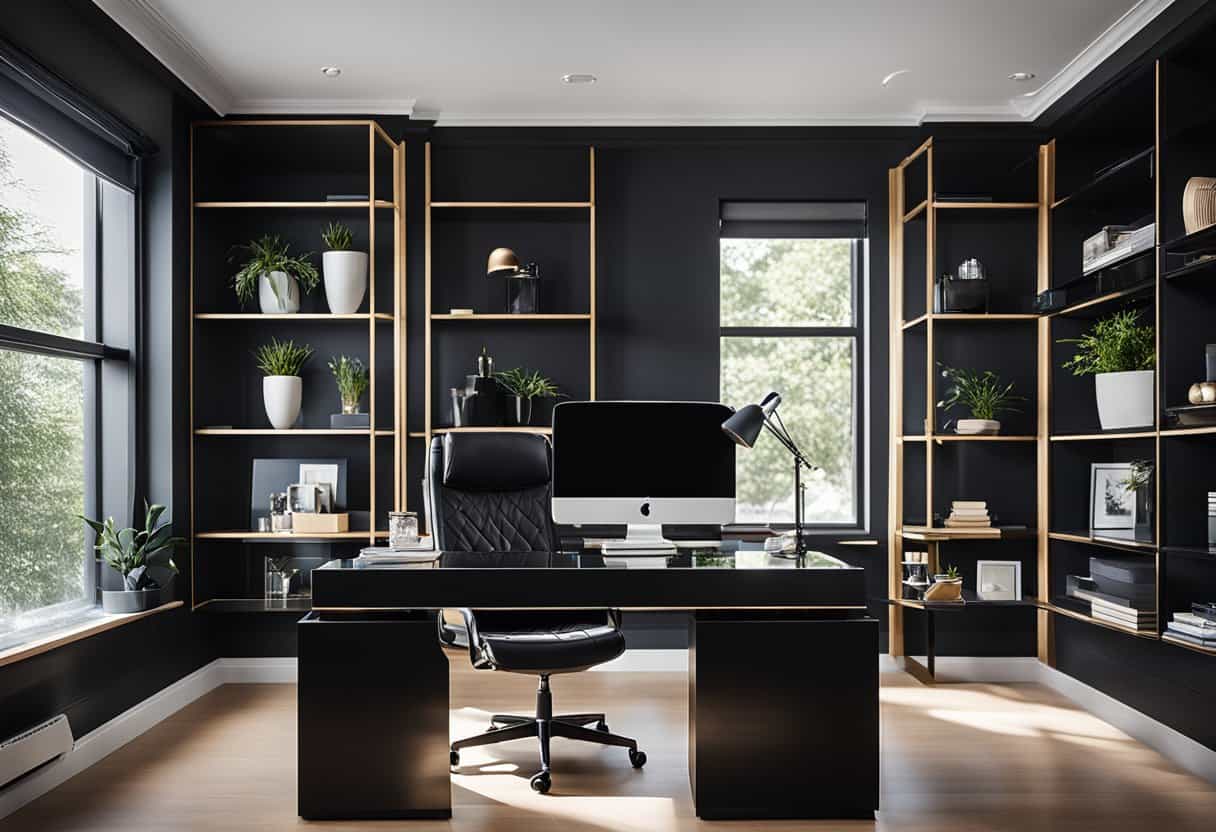 A sleek black desk sits in a modern home office, surrounded by stylish decor and plenty of natural light