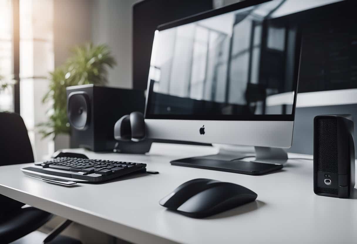 A sleek black computer desk in a modern home office setting with minimalistic decor and natural lighting