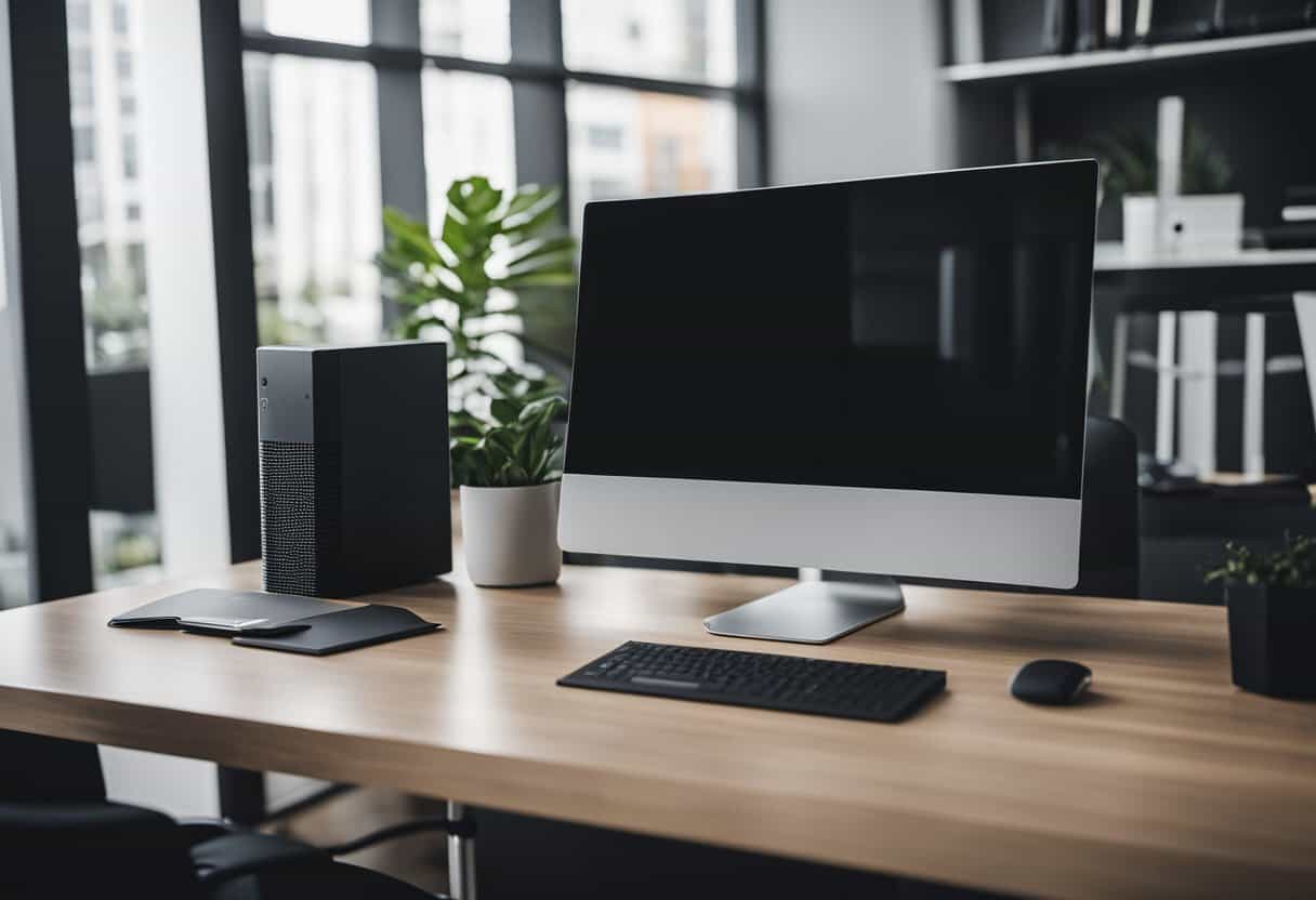 A sleek black computer desk sits in a modern home office, surrounded by minimalist decor and natural light