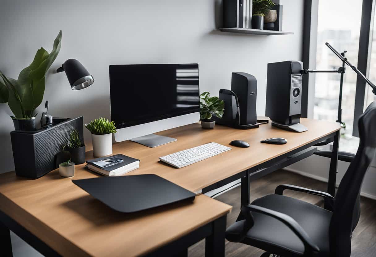 A sleek black Stand Steady X-Elite Pro Table 24 sits in a tidy home office, surrounded by modern decor and office supplies