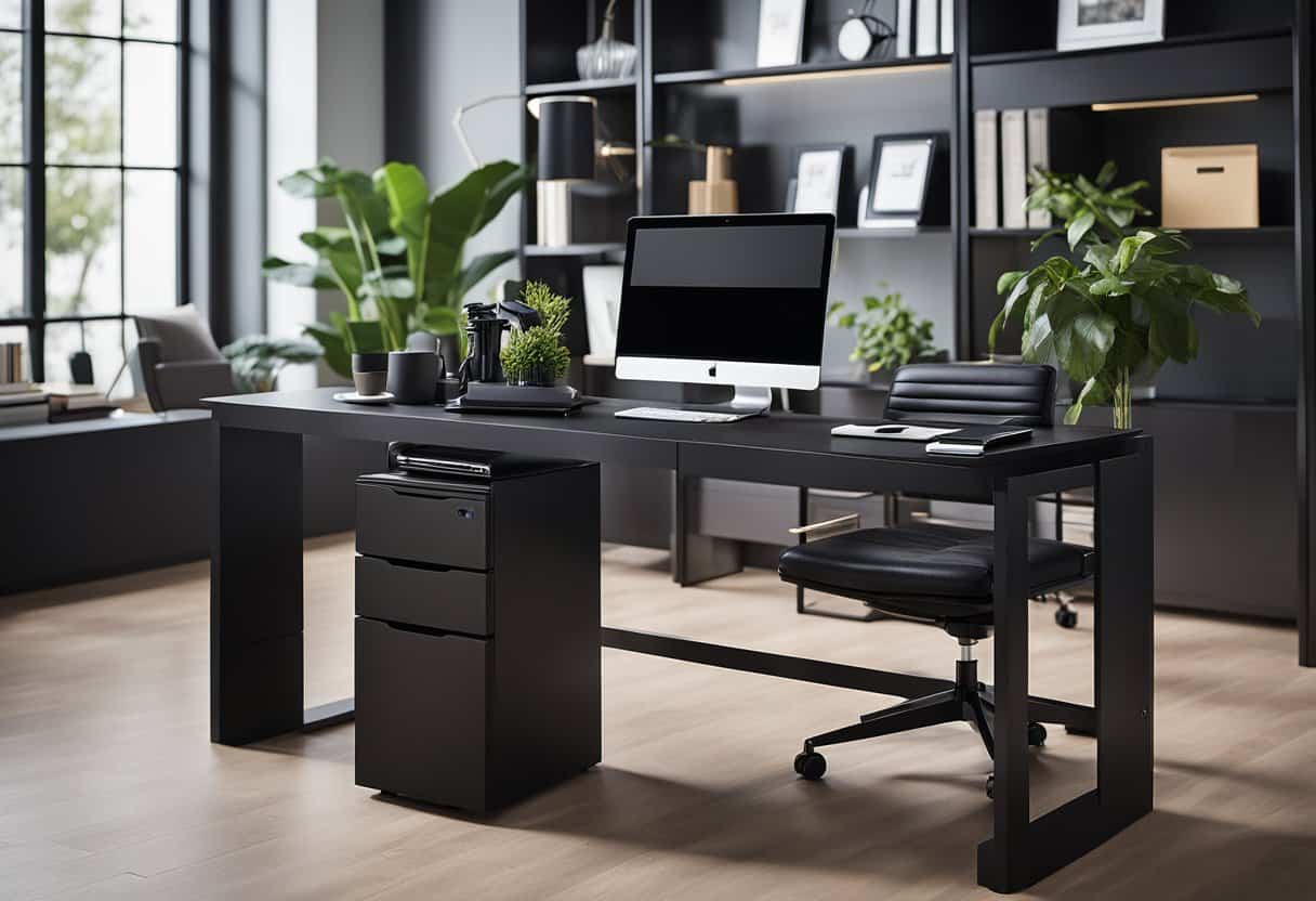 A sleek black desk converter sits on a modern home office desk, surrounded by various office supplies and decor. The desk is adjustable in height, providing versatility for different work needs