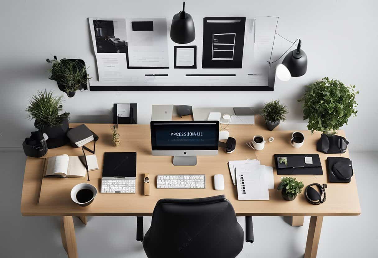 A sleek black desk surrounded by various home office decor and supplies, with a stack of Frequently Asked Questions papers on the corner