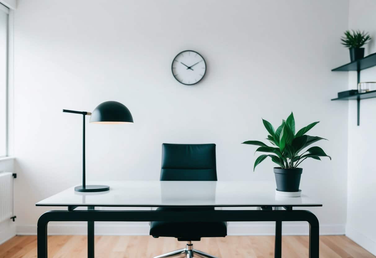 A sleek desk with a single potted plant, a modern lamp, and a simple wall clock. White walls and minimalistic shelving complete the clean, uncluttered office space