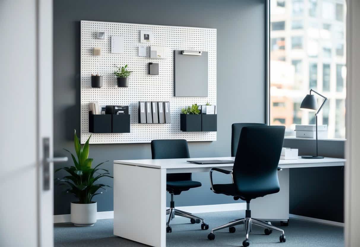 A sleek, modern office space with a white pegboard displaying minimalist decor and organizational items from the IKEA Skådis collection