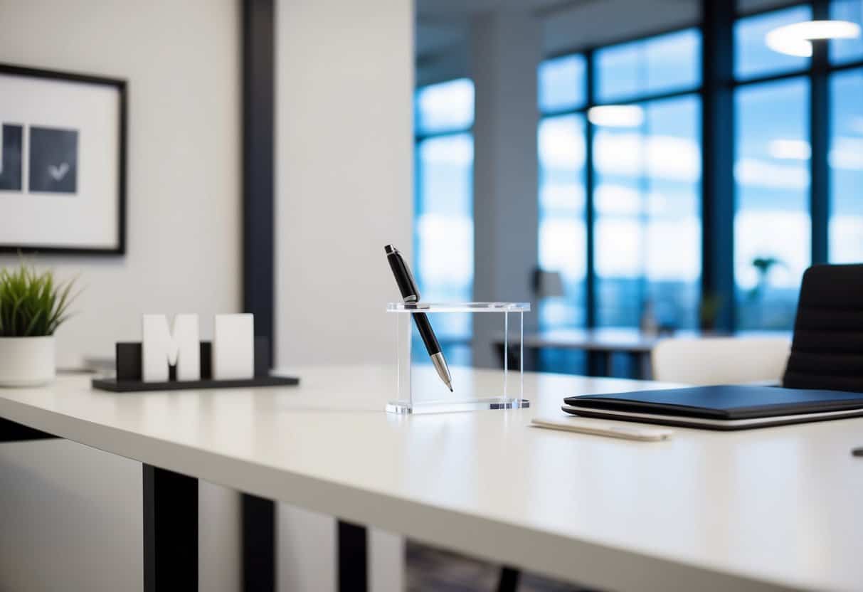 A clean, modern desk with a Muji Acrylic Pen Stand, surrounded by minimalist office decor