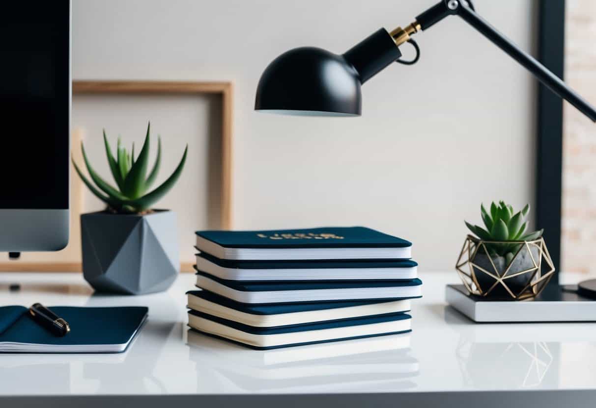 A sleek desk with a stack of Field Notes Hardcover Notebooks, surrounded by minimalist office decor items such as a modern desk lamp, succulent plant, and geometric desk organizer