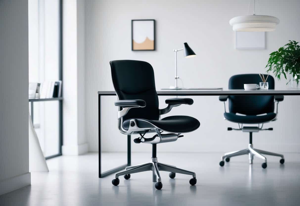 A sleek Herman Miller Aeron Chair in a minimalist office setting with modern decor and clean lines