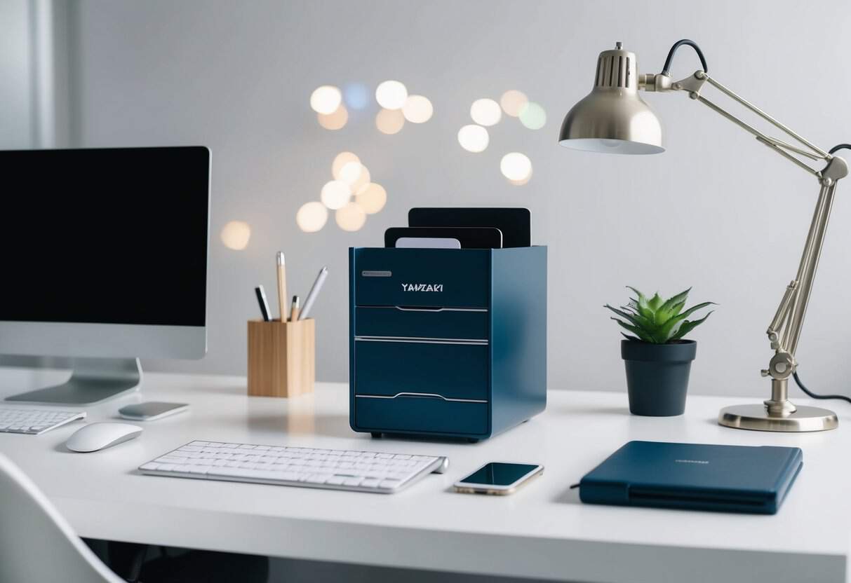 A sleek Yamazaki desk organizer sits on a clean, modern desk alongside minimalist office decor and accessories